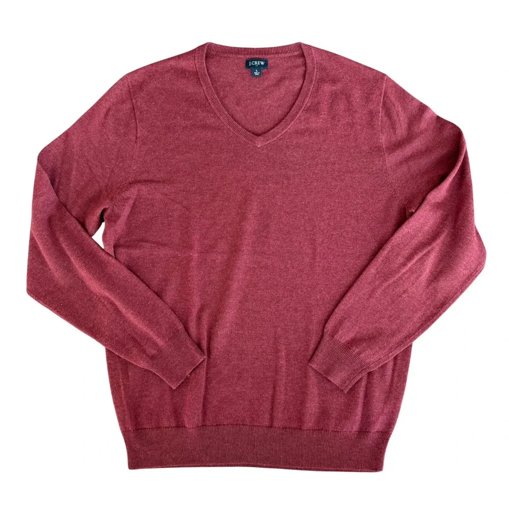 J Crew V Neck Sweater Mens L Burgundy Red Merino Wool Blend Preppy Office‎